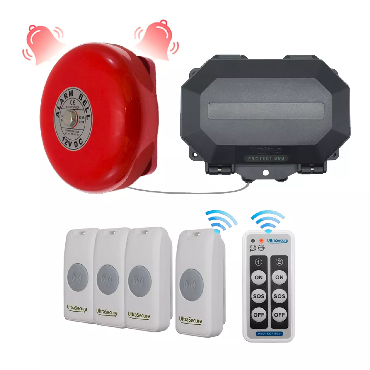 Système d'appel sonnette sans-fil 800 mètres IP56 cloche entrepôt / magasin  - 4 boutons / Durée ajustable (PROTECT 800)