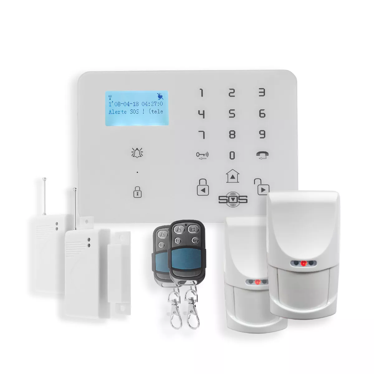 Kit Alarme Maison Sans Fil GSM-PSTN Écran LCD 2IR +2 Dét.Porte +4  Télécommande