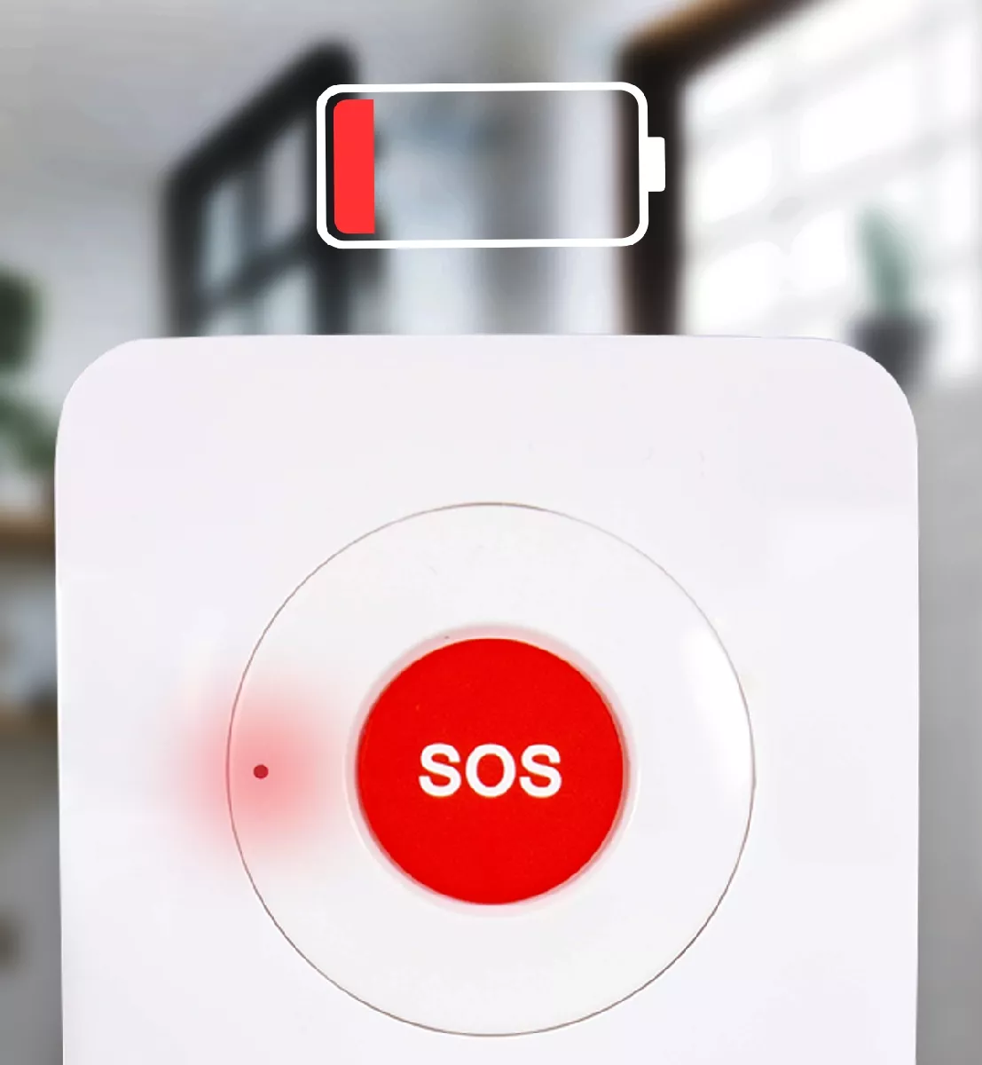 Alerte visuelle "piles faibles" via témoin lumineux situé en façade du bouton SOS)
