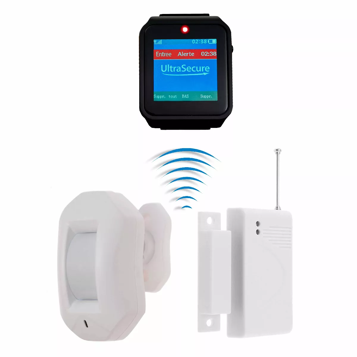 Kit double alerte sans-fil détection passage & ouverture sur Bipeur mobile  IP67 - écran digital / BIP + LED + Vibration